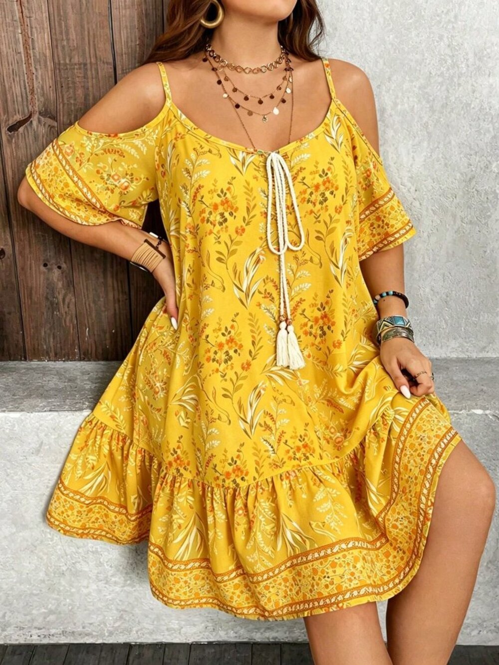 Yellow Boho Women's Plus Size Floral Print coldShoulder Casual Dress
